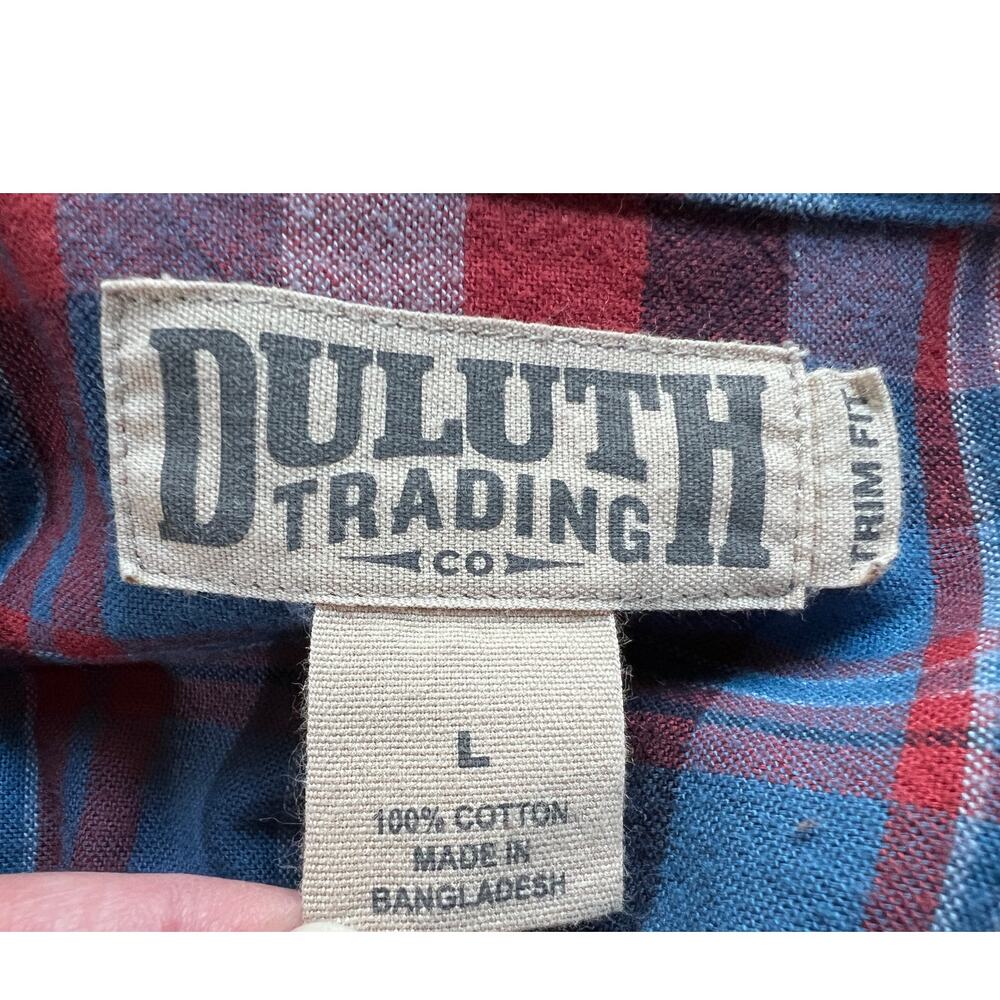 Duluth Trading Co Mens Large Free Swingin Flannel Trim Fit Shirt Blue Red Plaid - Picture 3 of 13
